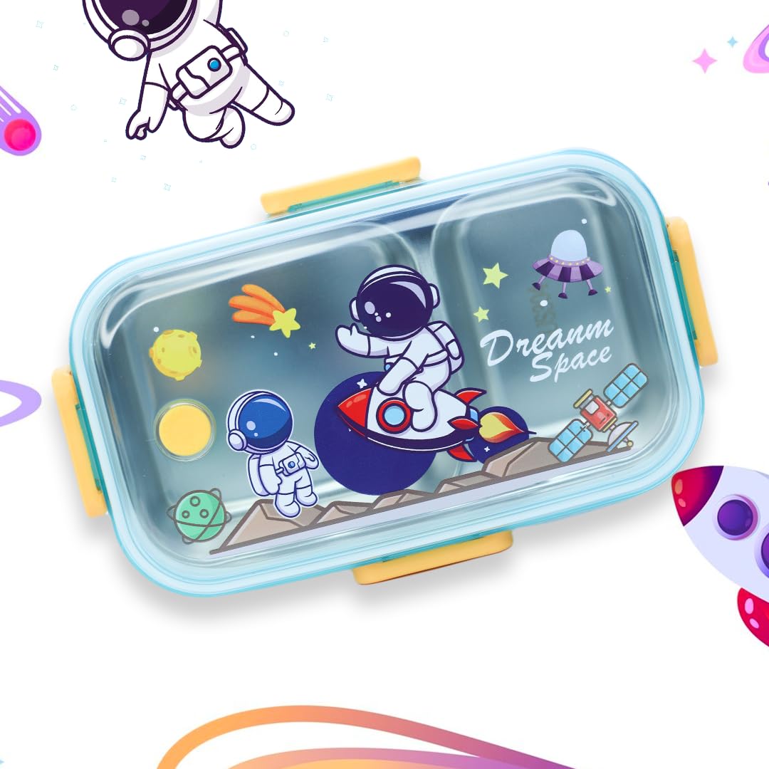 Attro Hi Lunch Deluxe 2 Lunch Box with Inner Stainless Steel 2 Comapartment & Dream Space Theme Eye Catchy Print Food Grade,Leakproof Use-School Kids & Outdoor- 750ml Dark Blue Dream Space