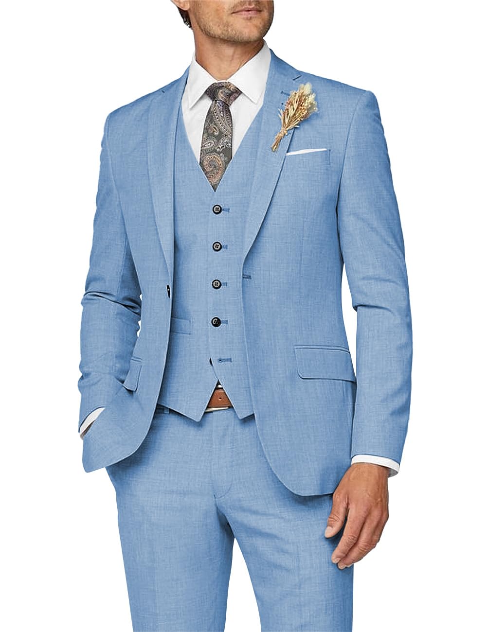 Wangyue Mens Suit 3 Piece Slim Fit Suit for Men Formal Business Suit Wedding Groom Prom Tuxedo Dinner Party, D Dusty Blue, M