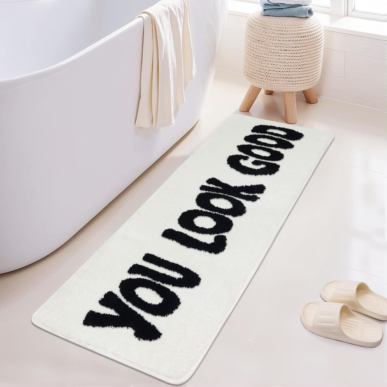 KGAIXN Long Runner Bathroom Mat 20x60 Inches, Fun Bath Rug for Bathtub Bedroom Shower, Cozy Doormat Spa Style Decor Humorous Home Gift, White, 51x81 cm (Oblong)