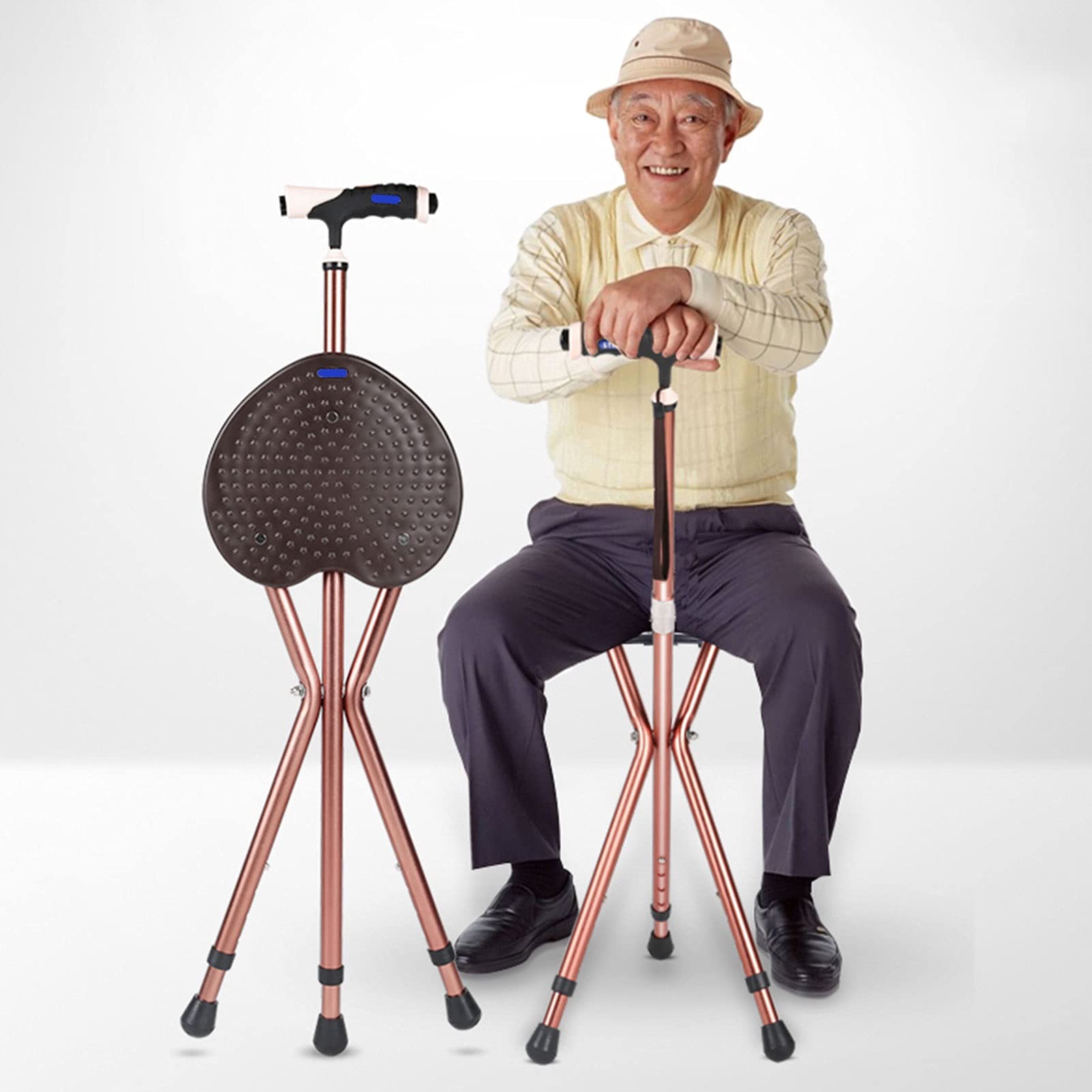 Asiento de caña plegable, silla de muleta ajustable de altura con luz LED, asiento de aleación de aleación de aluminio antideslizante para personas mayores, discapacitados mayores, base antideslizante