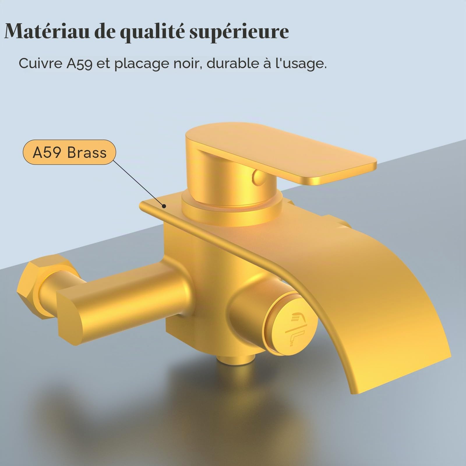 KULACO Robinet de Baignoire Cascade Noir, Mitigeur en Laiton | Robinet en Laiton avec Bouton Poussoir, pour Montage Mural, Robinet de Baignoire