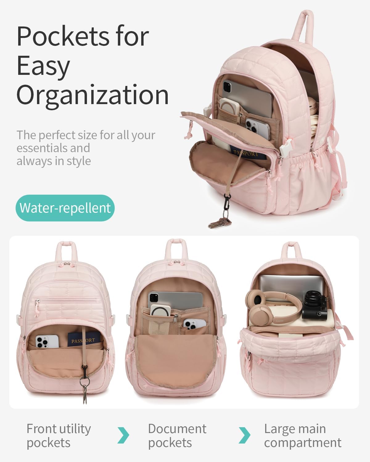 Cute Laptop Backpack for Women, Quilted College Bookbag with Tumbler Holder Pocket for Nurse Teacher Work Travel, Puffer School Backpack for Teen Girls Big Student, Pink