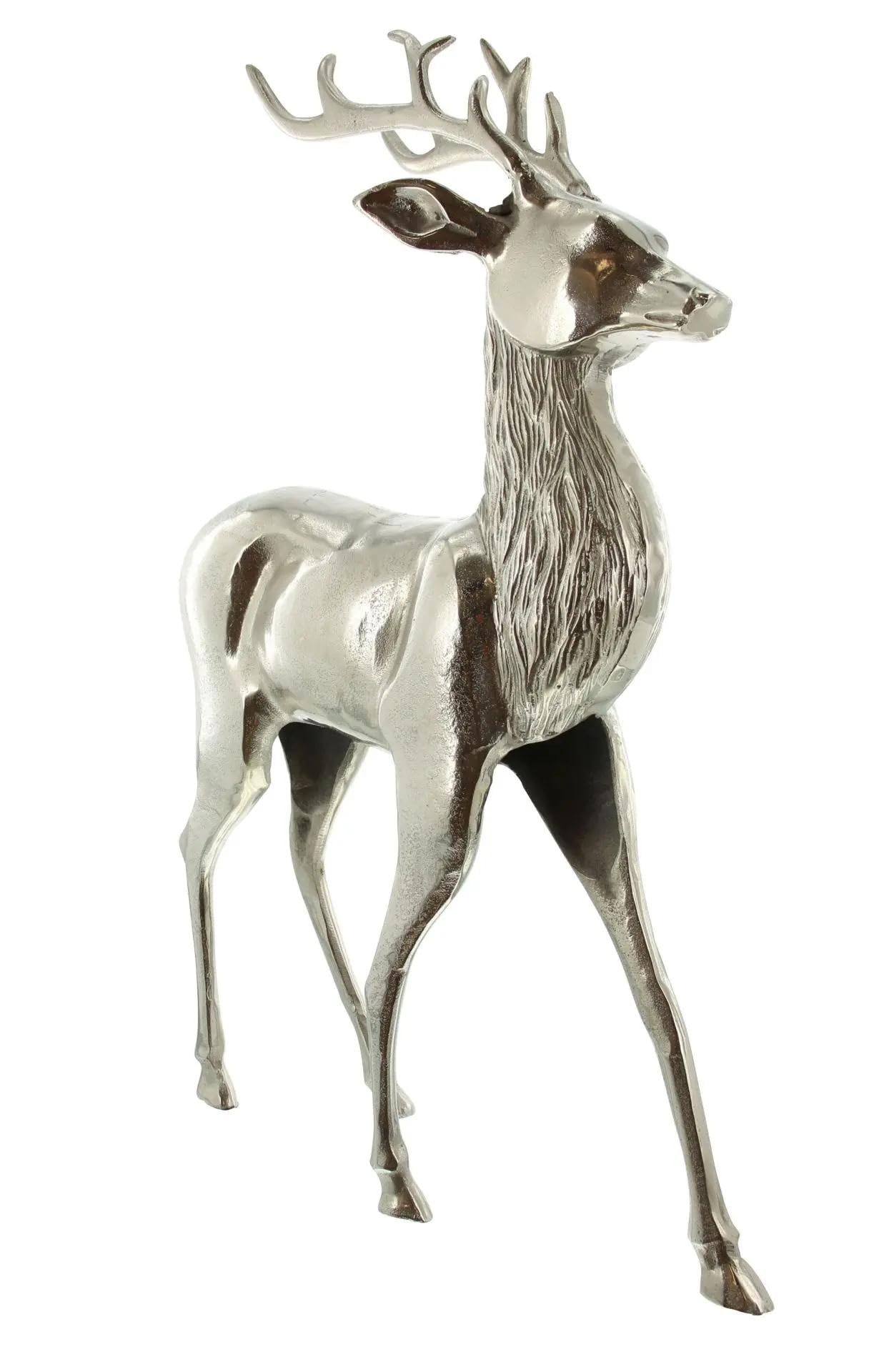 Dekoleidenschaft große Figur Hirsch aus Aluminium, Silber glänzend, edle Skulptur, 65 cm hoch, Tierfigur stehend, Wohnzimmer Deko