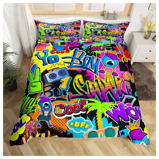Hippie Cartoon Bettwäsche-Set Hip Hop Street Kultur Bettwäsche Set 135x200cm Graffiti Briefe Betten Set für Kinder Jungen Mädchen Teenager 2St.Reißverschluss Mikrofaser