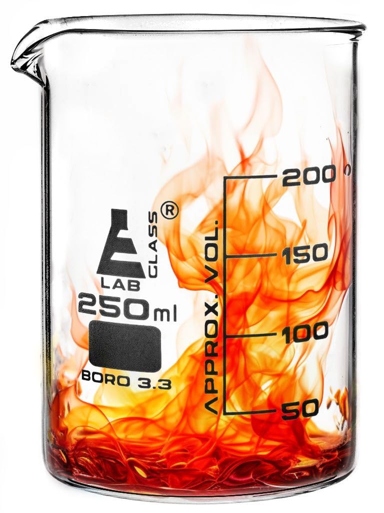 EISCO Premium 250 mL Beakers, Pack of 12 - Low Form Griffin - 50mL Graduations - Borosilicate Glass - Excellent Strength Against Breakage