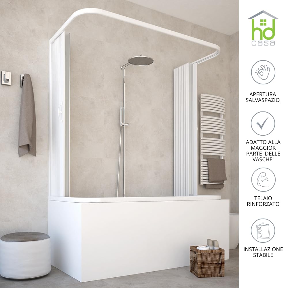 HD CASA Box Sopravasca a Soffietto Modello Julia, 3 Ante con Pannelli Semitrasparenti, Profili Bianchi, Cabina Doccia Salvaspazio in PVC Made in Italy arredo bagno, 70x170x70 cm