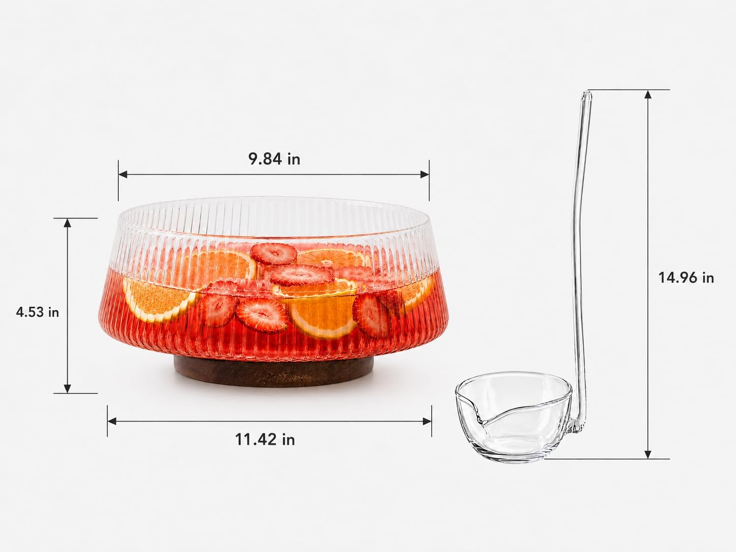 Large Glass Punch Bowl Set with Glass Ladle and Wooden Base, Clear Ribbed Serving Bowl for Drinks, Fruit, Candy, Salad, Parties and Daily Use