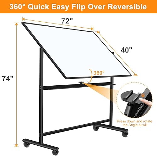 Miniatura 3 de Pizarra de borrado en seco con soporte de 72 x 40 pulgadas, pizarra magnética móvil sobre ruedas, pizarra blanca rodante de doble cara para oficina,