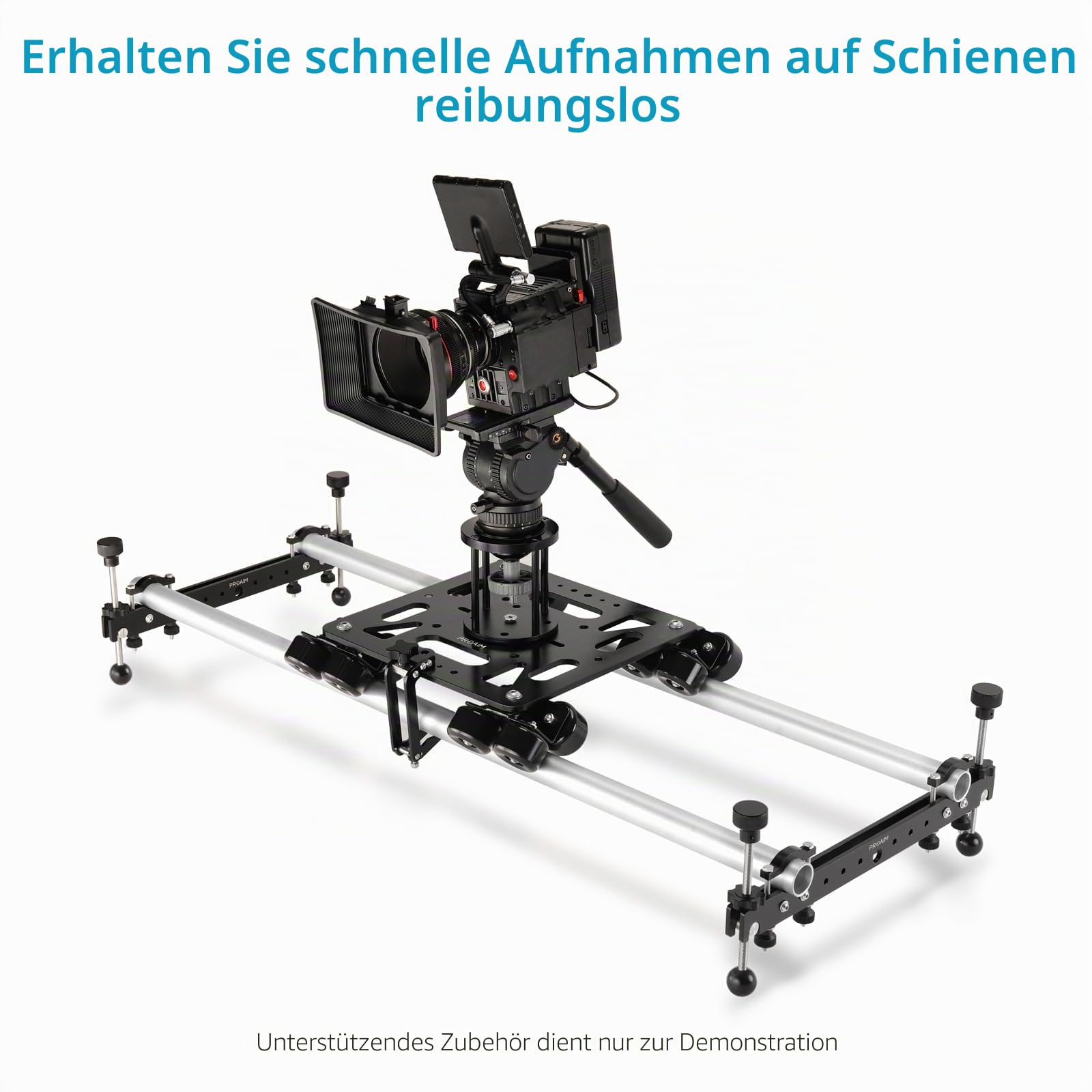 PROAIM Breeza Aluminium-Kamera-Dolly-Slider mit Schienenenden, 100 kg | CNC-Aluminium-Slider mit 16-Rad-Fahrwerken; für gerade/kurvige Schienen, Mitchell + 75/100mm Bowl-Mounts