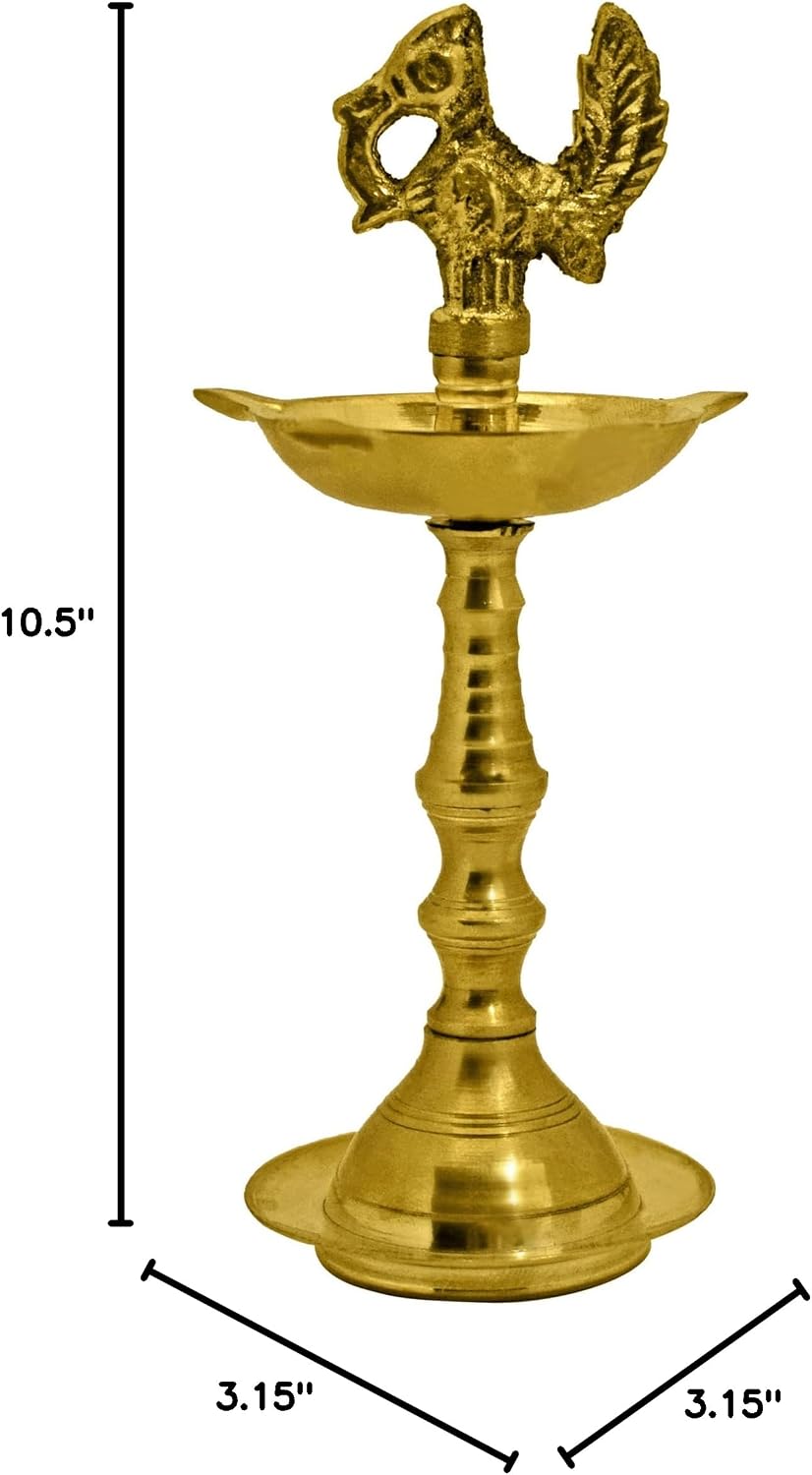 SATVIK (10–10.5 Inch) Set of 2 – Pure Brass Peacock Kerala Samai Diya – 1-Step Kutthu Vilakku Oil Lamp for Pooja, Traditional South Indian Deepam for Home Temple & Housewarming Gift