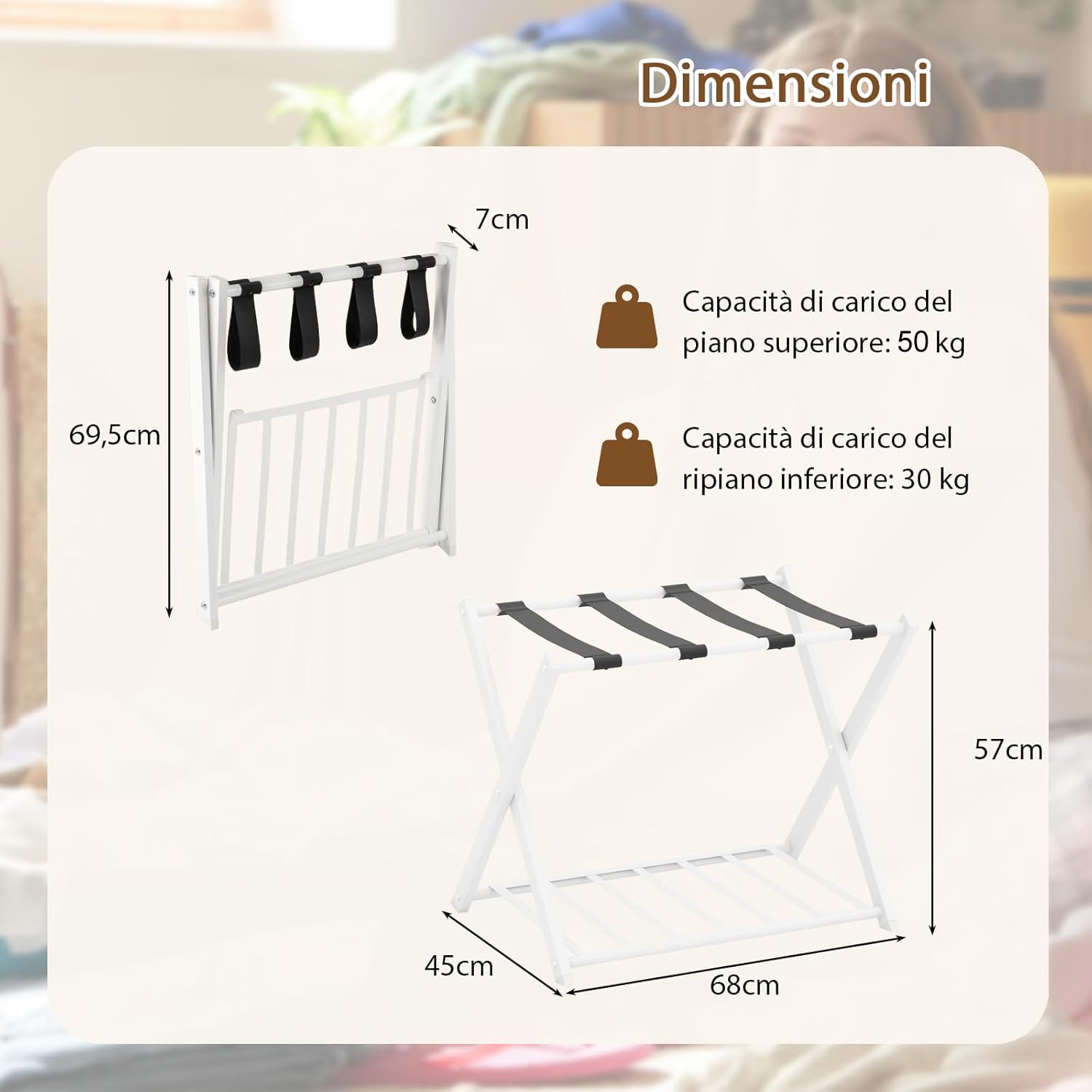 SOARS Lot de 2 Porte-Valises Pliants en Métal, 68 x 45 x 57 cm, Porte Bagages avec 2 Étagères, Robuste pour Chambre, Hôtel, Charge 80 kg (Blanc)