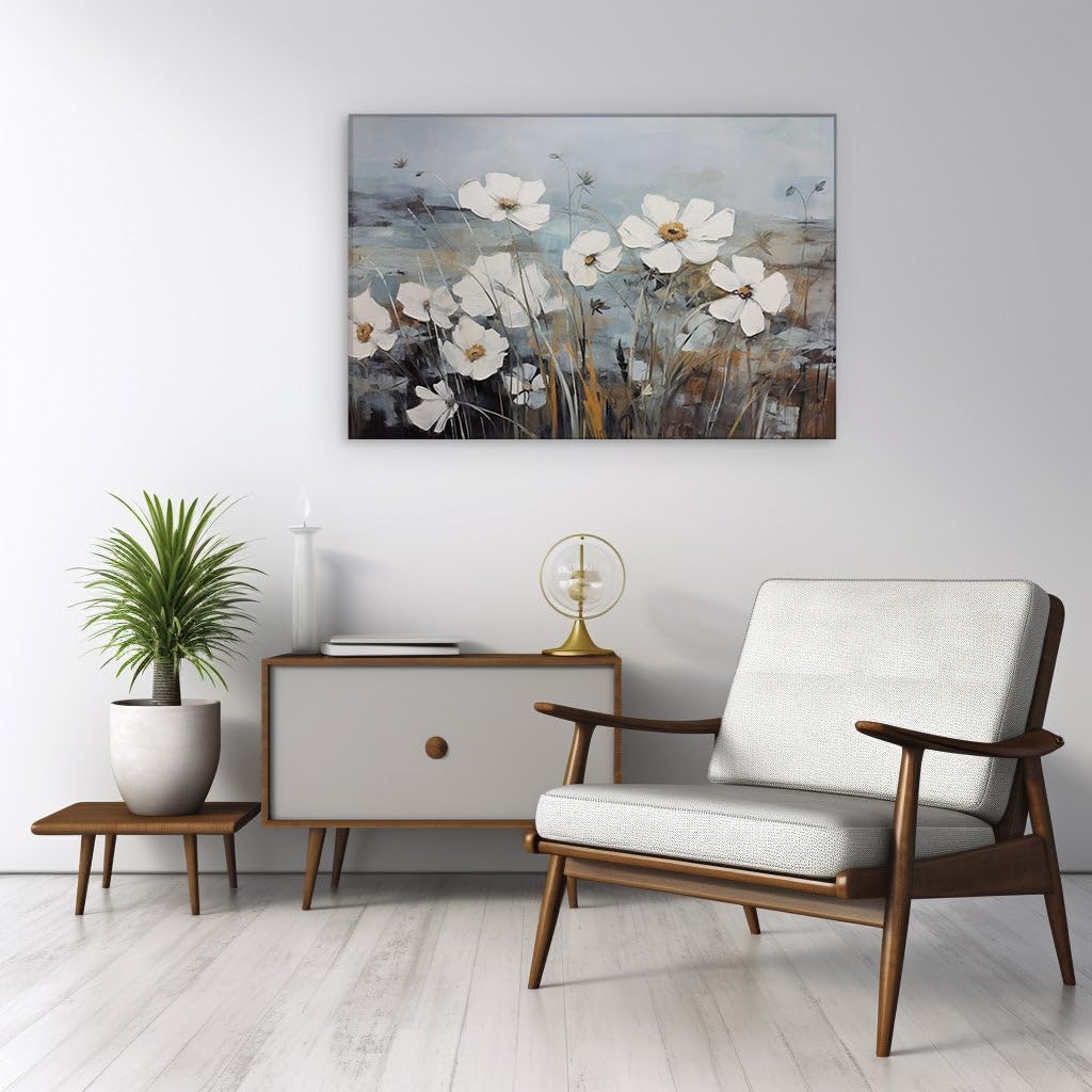 Art Wall: Whimsical White Flowers Floating Across Soft Hues of Abstract Landscapes. Interior Decor, Canvas Art Design, Arts Wall Decoration, Office Arts Design, Size: 69x46 cm (27x18 inch)
