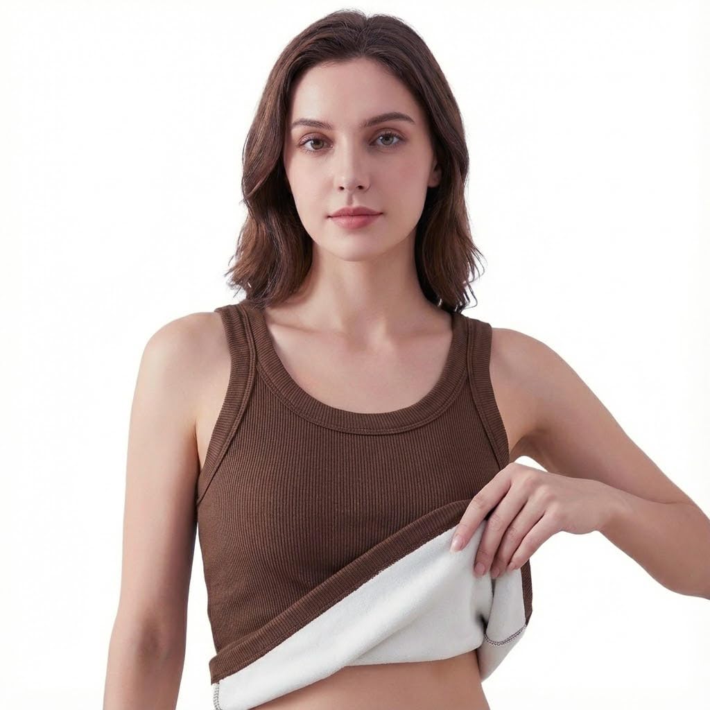 alexvyan Medium Brown Sleeveless Thermal Tank Top Womens Fleece Lined Wide Strap Slips Underwear Tops Undershirt for Women Warm Base Layer Vest Scoop Neck- Soft & Warm-picture-38