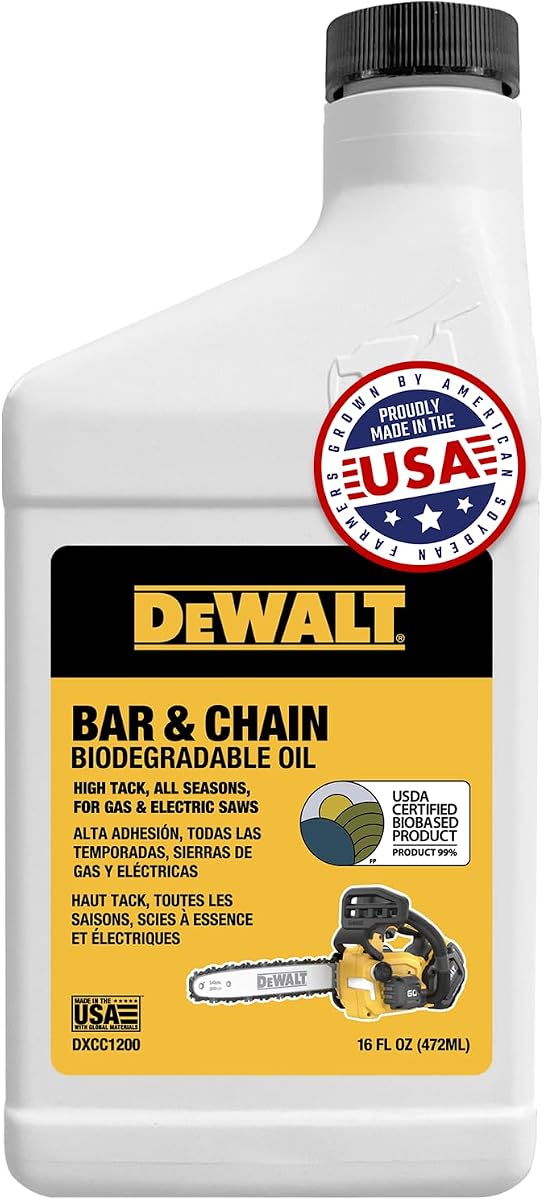 DEWALT – Aceite biodegradable para barra y cadena – Lubricante profesional verde, ecológico y no tóxico para barra y motosierra – Aceite ultralimpio para todas las estaciones para gasolina, sierra eléctrica y sierra de pértiga, 16 oz