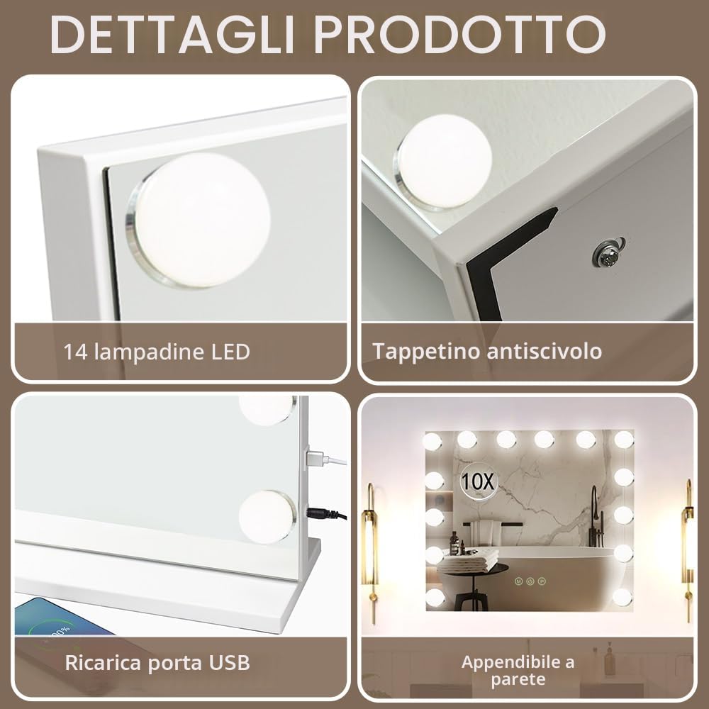 Specchio Trucco con Luce - 14 LED Dimmerabili 3 Modi, 50x40cm Touch Sensor Specchio da Make-Up Hollywood con 10x Ingrandimento, Multiuso Tavolo/Parete