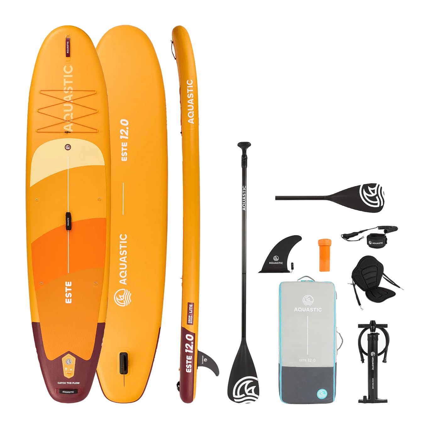 AQUASTIC Este zestaw SUP Board 12'0" – Drop Stitch Lite, 390 l, 170 kg, montaż na siedzeniu, lekka i stabilna, funkcja kajaka, EVA, 3 uchwyty, kompletny zestaw z wiosłem, pompą i plecakiem