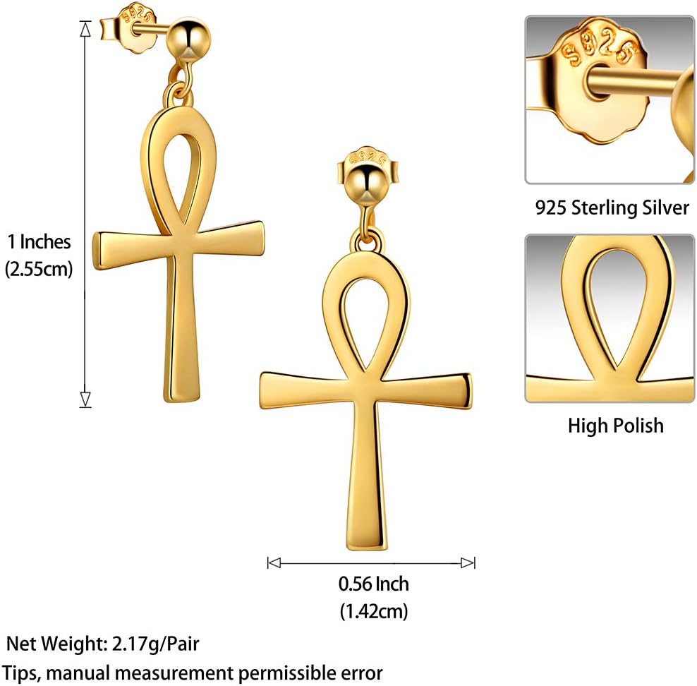 Jewmon 925 Sterling Silver Egyptian Ankh Cross Earrings for Women Cubic Zirconia Ankh Necklace Gothic Protection Jewelry Gifts for Mom Wife Grandma