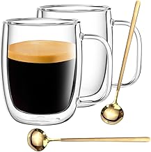Large 16 Oz Double Walled Glass Coffee Mugs with Handle Spoon,Insulated Layer Coffee Cups,Clear Borosilicate Thermal Mugs,Tasse à café en verre Double paroi,Fit for Cappuccino,Tea,Latte,Hot Beverage
