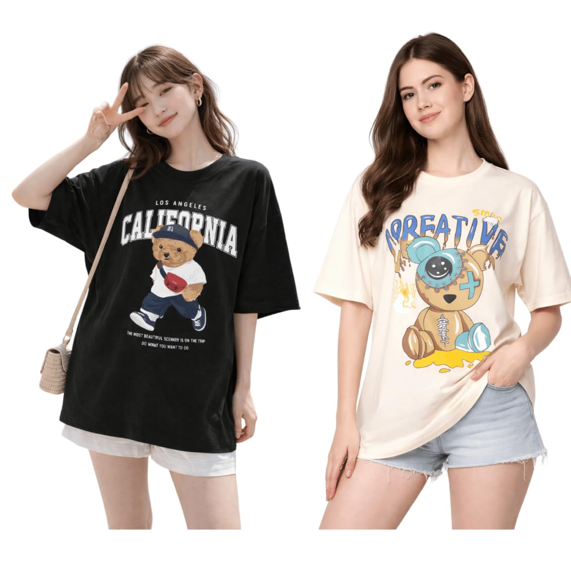 ug fashion Women's Oversized Graphic T-Shirts, Cartoon Print, Short Sleeve, Casual Streetwear, Pack of 2-picture-34