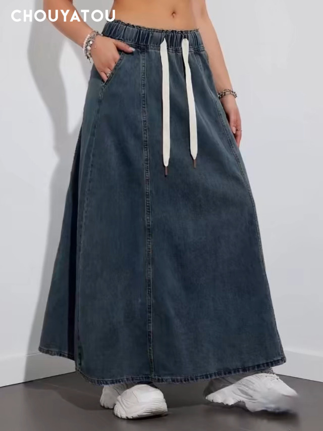 chouyatou Women's Casual Paperbag Elastic High Waist A Line Long