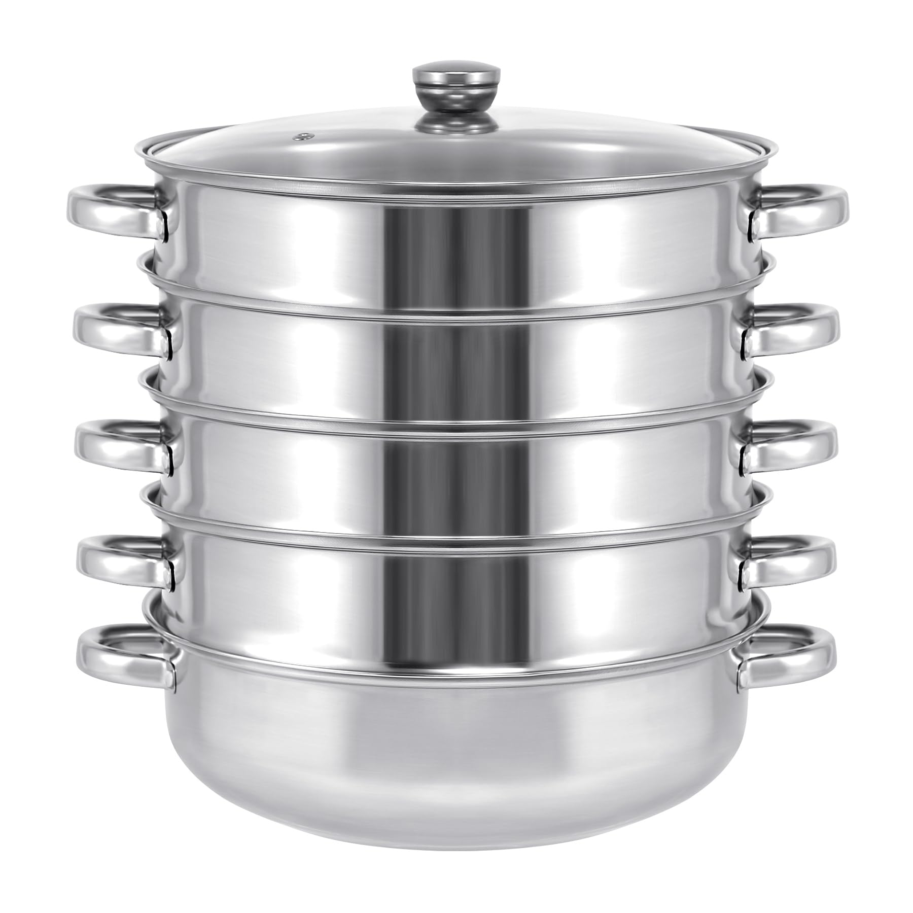 Vaporera de 5 niveles de acero inoxidable (30 cm) con tapa de cristal, olla de cocción al vapor de acero inoxidable, olla de inducción, cesta al vapor, color plateado