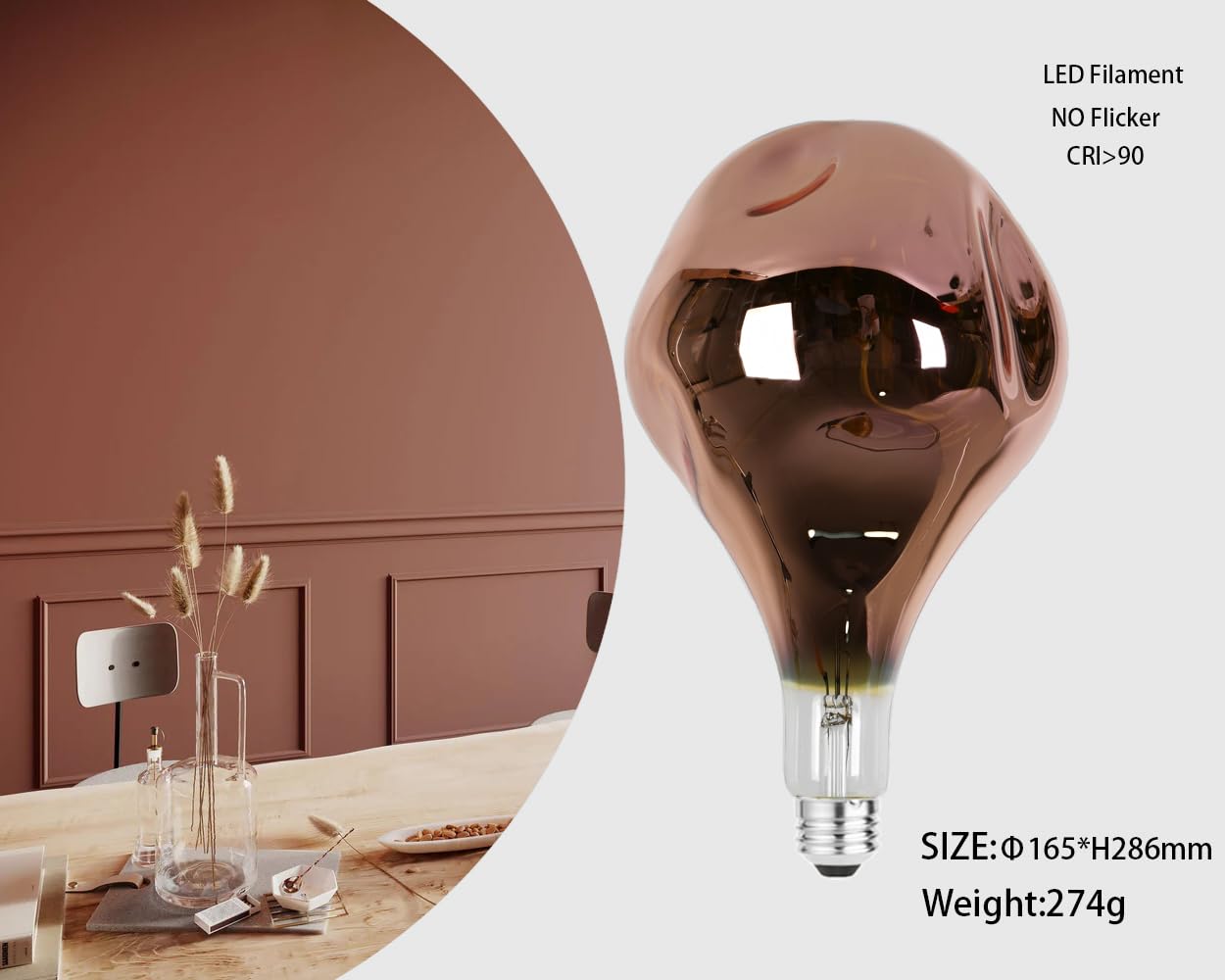 LED FIliment Glühbirne 6W Kupfer Glas Finish, E27 übergroße LED Glühbirne dimmbares Rose Gold 1pack