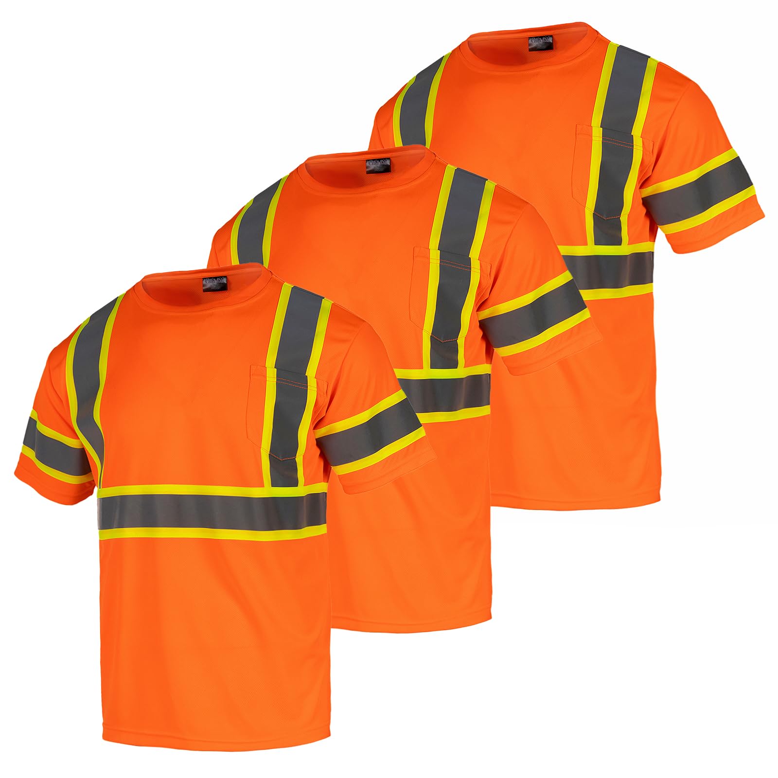 QELIN High Visibility T Shirt for Men ANSI Class 2, Hi Vis Reflective Safety Short Sleeve Work Shirts with Pocket