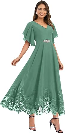 Tea Length Mother of Bride Dresses with Sleeves Chiffon Lace Formal Evening Dresses for Women UU205A