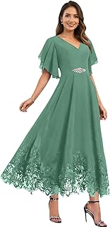 Tea Length Mother of Bride Dresses with Sleeves Chiffon V-Neck Lace Beaded Formal Evening Dresses for Women UU205