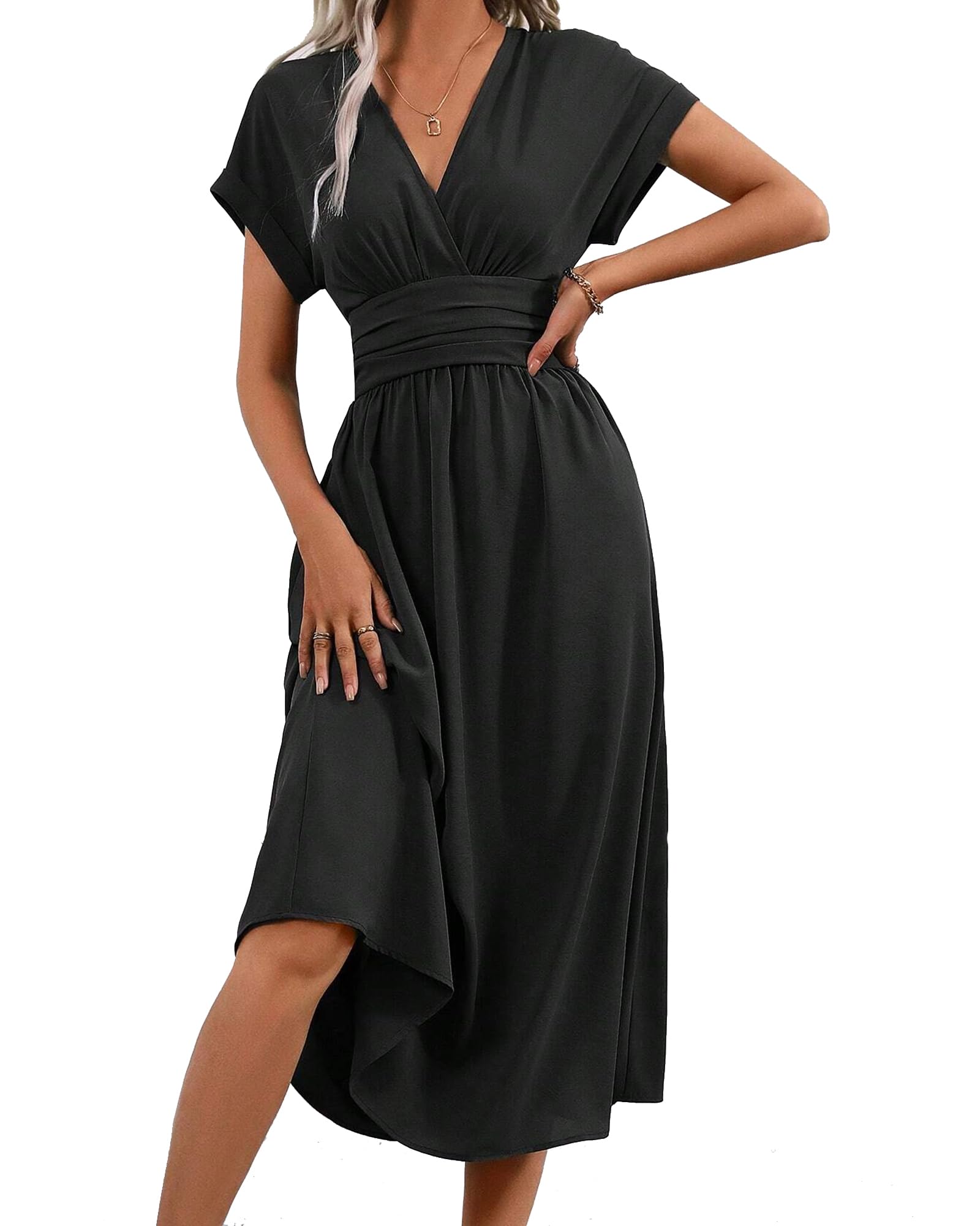 Robe Longue Femme Ete Elégante Robes de Plage Manches Courtes V Taille Haute Unie Maxi Dress Casual et Chic