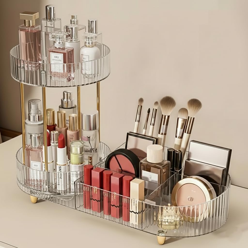 INOVERA (LABEL) Bathroom Organizer for Women & Girls - 360° Rotating Cosmetics Makeup Holder Case - Dressing Table Countertop Vanity Storage Organiser (Transparent)