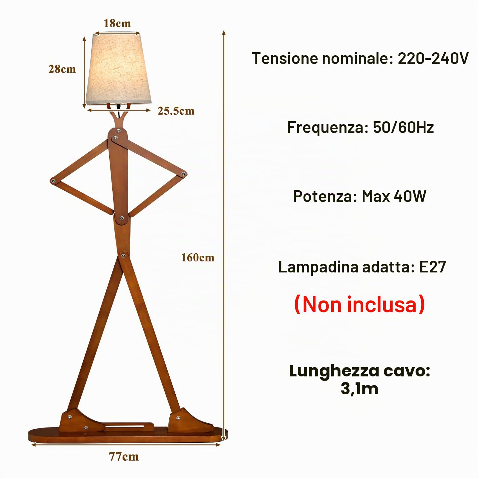 HOMASIS Lampada da Terra Umanoide, Illuminazione Creativa e Decorativa in Legno, Postura intercambiabile, Lampada da Pavimento Salotto con Interruttori a Pedale, Alto 160 cm, Marrone