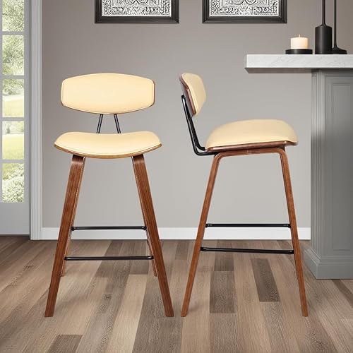Miniatura 2 de Armen Living Fox - Taburete de bar de 28.5 pulgadas de altura de barra, de piel sintética color crema y madera de nogal moderno de mediados de siglo