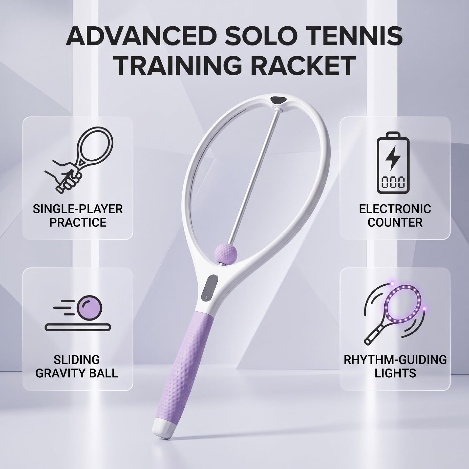 Luocute Racchetta da Allenamento Tennis, Racchetta con Rimbalzo | Impugnatura in PP e Silicone, Batteria 500 MAh con LED, Sfera a gravità e Contatore Elettronico