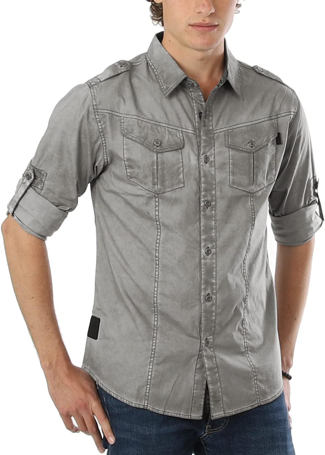 ZIMEGO Mens Military Shirt - Long Sleeve Stretch Casual Button Down for Men