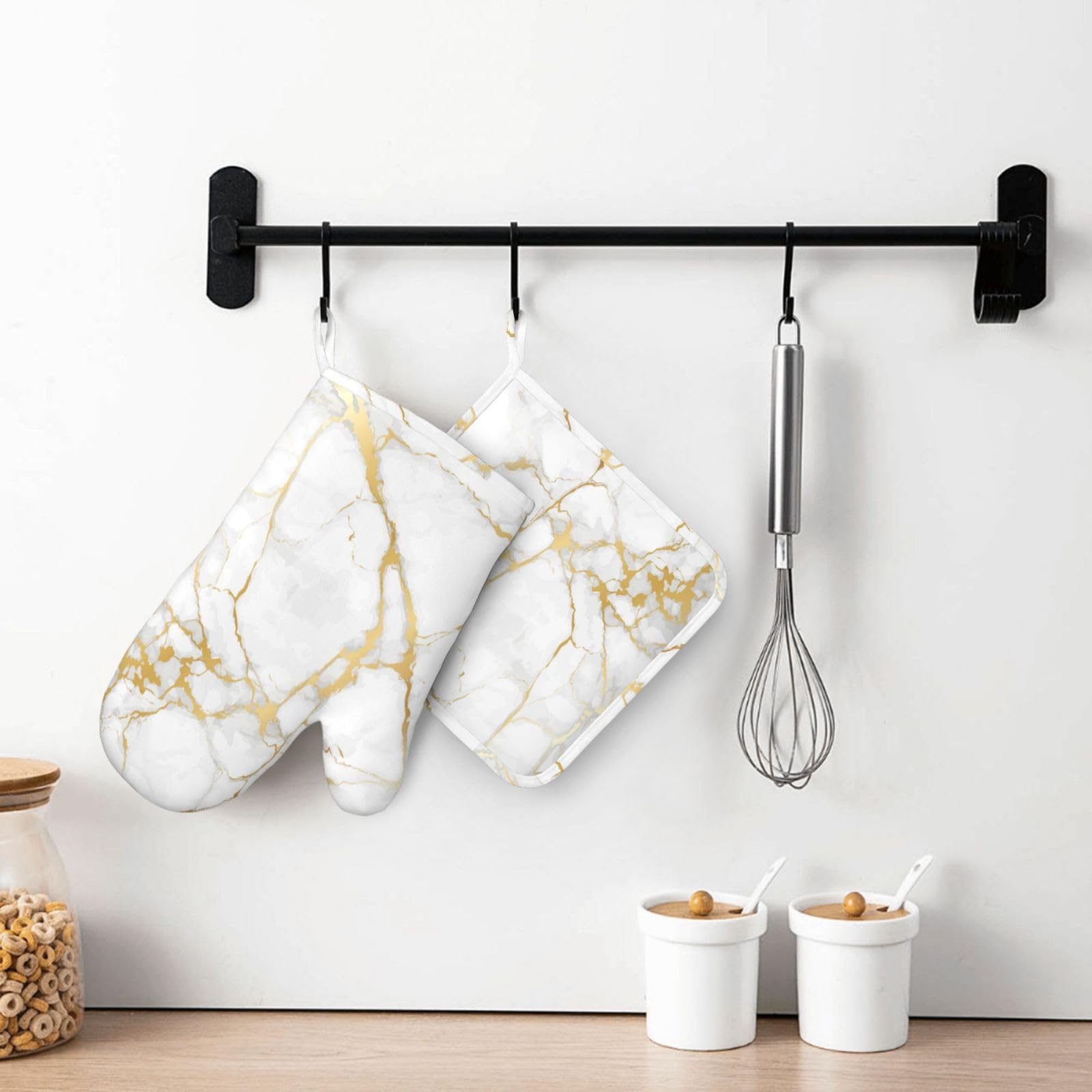 Juego de manoplas de horno y soportes para ollas, accesorios de cocina de color oro blanco, guantes de silicona antideslizantes resistentes al calor para cocina, cocina, hornear, barbacoa (oro blanco) 6