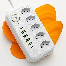 Filtro de Linha Extensão Elétrica 5 Tomadas + 4 USB + 2 USB-C 2500W – Cabo 1,9m Bivolt 110–220V com Proteção Contra Sobrecarga – Branco