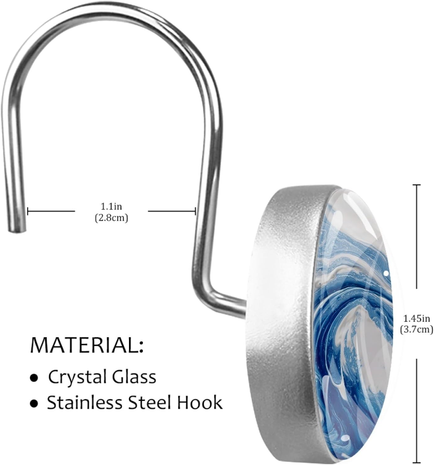 12 Packs Blue Swirling Marble Shower Curtain Hooks, Stainless Steel Glass Shower Curtain Rings for Bathroom Decor, Metal Rustproof Curtain Rod Hooks