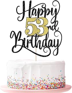 happy 53th birthday cake topper， 53 birthday party cake decorations (Black and gold flashes, 53rd)