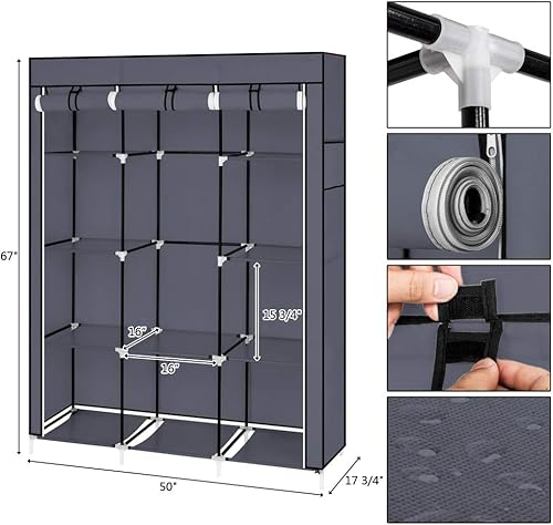 Vista 57 de 67" Portable Wardrobe Closet, Wardrobe Closet for Hanging Clothes with 2 Hanging Rods, 12 Clothes Storage Organizer Shelves, Non-Woven Fabric Grey