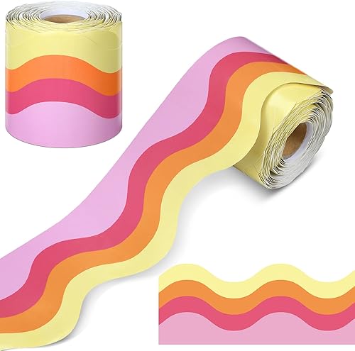 Tablero de anuncios retro de 65 pies con diseño de ondas groovy, decoración de aula, tablero de anuncios colorido festoneado con borde enrollado,