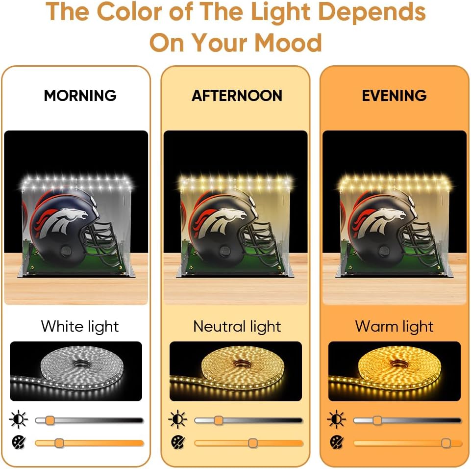 Football Helmet Display Case - Updated Full Size Acrylic Helmet Display Box for Baseball Motorcycle Hats - UV Protection Clear Showcase with Mirrored Back Turf Base & LED Tricolor Light Strip