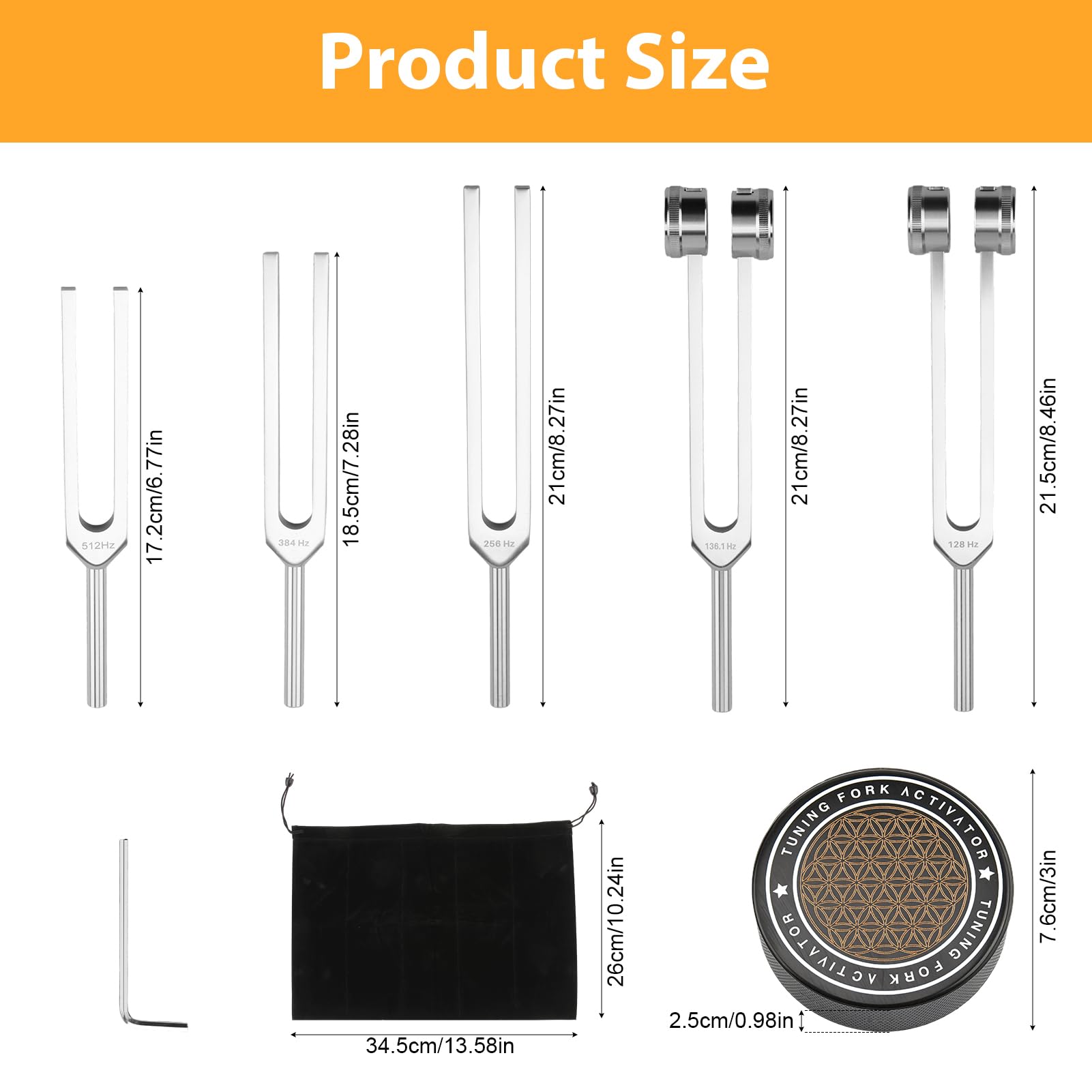 Widelce tuningowe do zestawu leczniczego, zawiera 128 Hz, 136 Hz, 256 Hz, 384 Hz, 512 Hz i aktywator, przenośne w torbie do przechowywania – medyczne instrumenty do uzdrawiania dźwiękiem do czakry