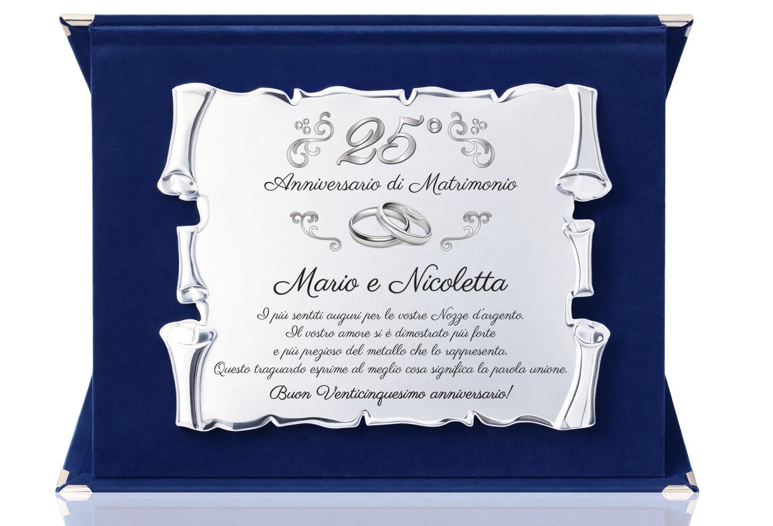 Targa 25° Anniversario di Matrimonio NOMI PERSONALIZZATI | Elegante Regalo Anniversario Nozze d'argento | Pergamena Argentata su Cofanetto in Velluto Blu