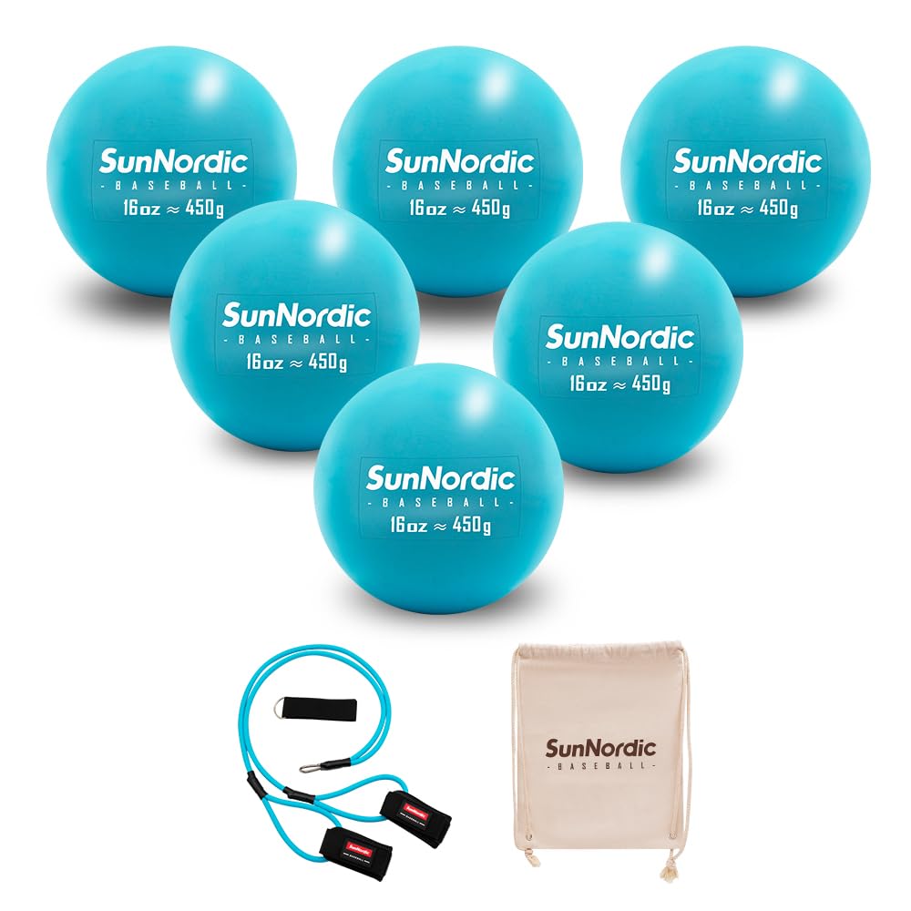 SunNordic 16 oz Plyometric Weighted Baseball Set of 6 with 25/35/50LB Resistance Arm Care Band for Pitching, Batting Practice, Soft Shell Training Softball Ball for All Skill Levels