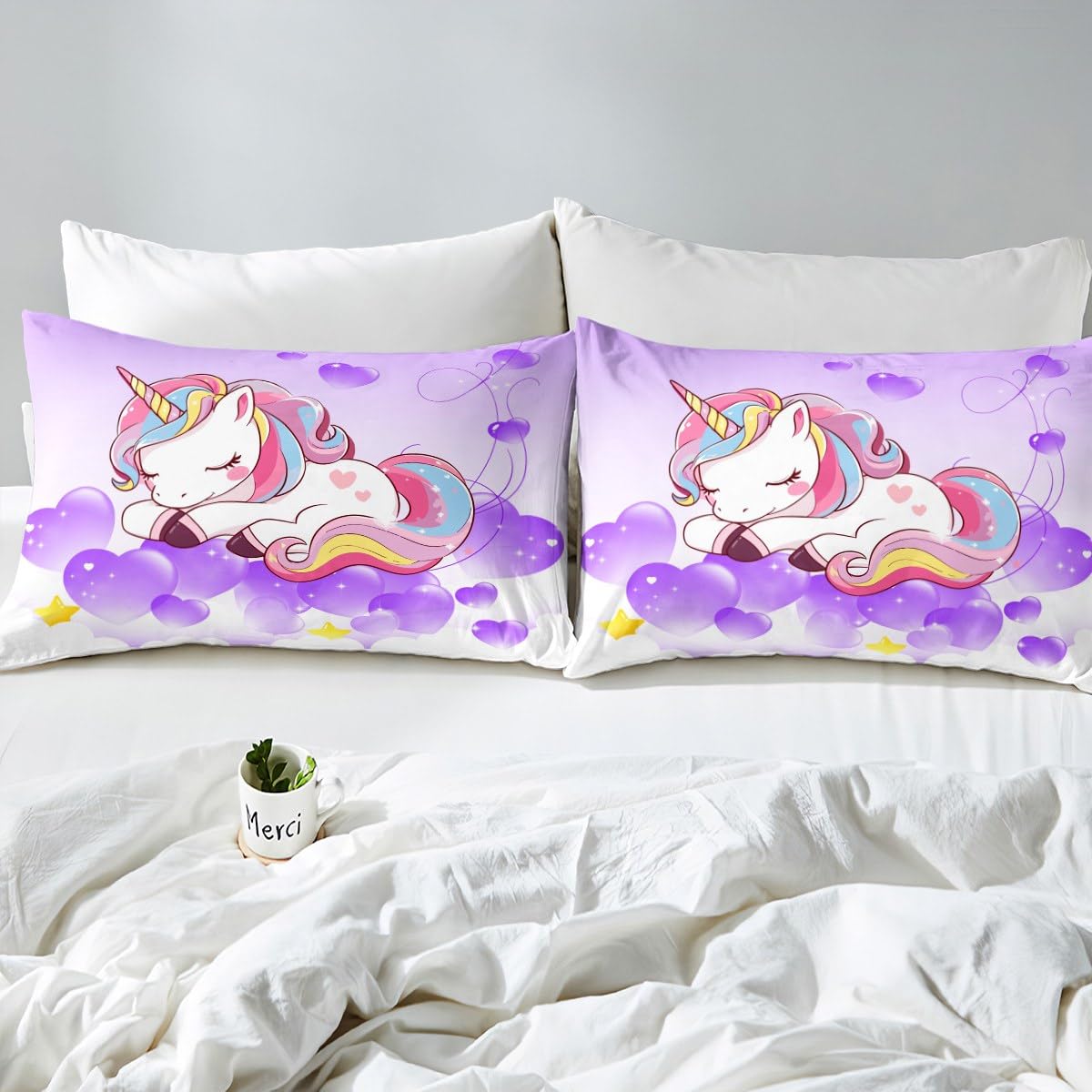 Juego de ropa de cama para niñas, diseño de unicornio, tamaño King, estampado de animales, juego de ropa de cama para mujer, unicornio mágico, juego de ropa de cama con diseño de corazón, morado, 3