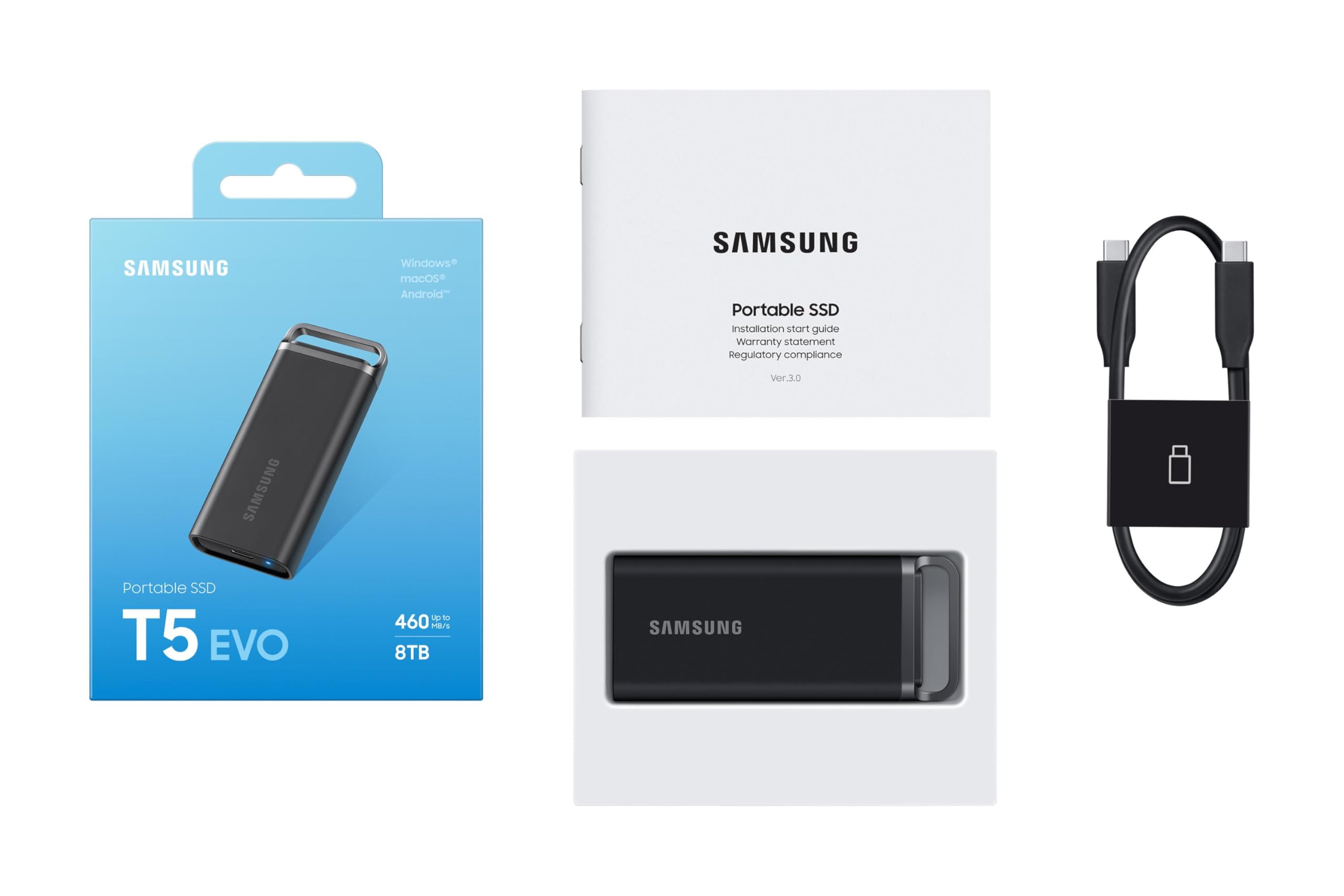 Samsung SSD Externe T5 EVO Portable, 8 To, Vitesses de lecture/écriture Jusqu'à 460 Mo/s, USB 3.2 Gen1, Compatible MacOs, PC, appareils Android, consoles de jeux, Noir, MU-PH8T0S/EU