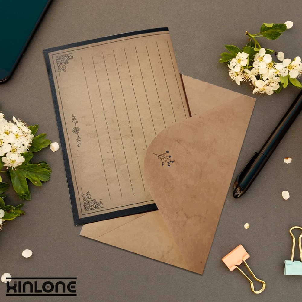 Papel de papelería vintage rayado, 18 x 26 cm, juego de papel y sobres, 48 hojas + 24 sobres, juego de papelería para escribir cartas para todas las ocasiones