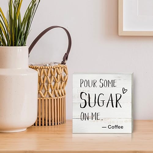 Miniatura 5 de Cartel de madera de café para decoración del hogar, caja de madera rústica divertida con texto en inglés "Pour Some Sugar on Me", placa de bloque