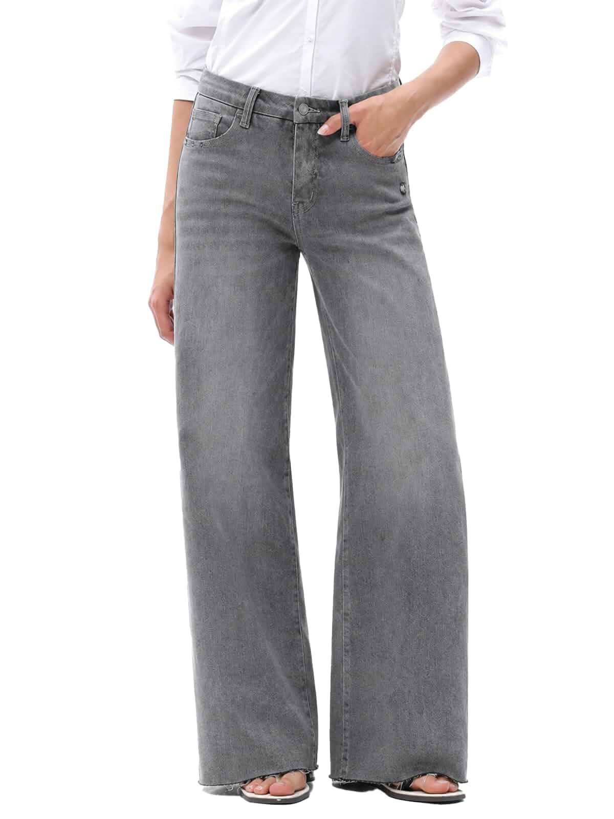 ONESO Women's Wide Leg Jeans Mid Rise High Stretch Denim Pants Raw Hem Tummy Control, Mid Waisted, Distressed Pants, Loose Fit, Trendy Baggy Jeans, Elastic Waist, All Season Wear